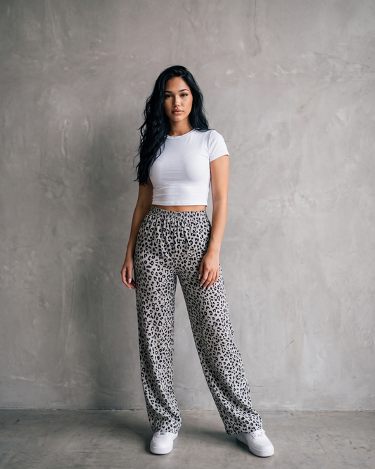 Pantalones de mujer de cintura alta, estampado de leopardo y pierna ancha, corte holgado