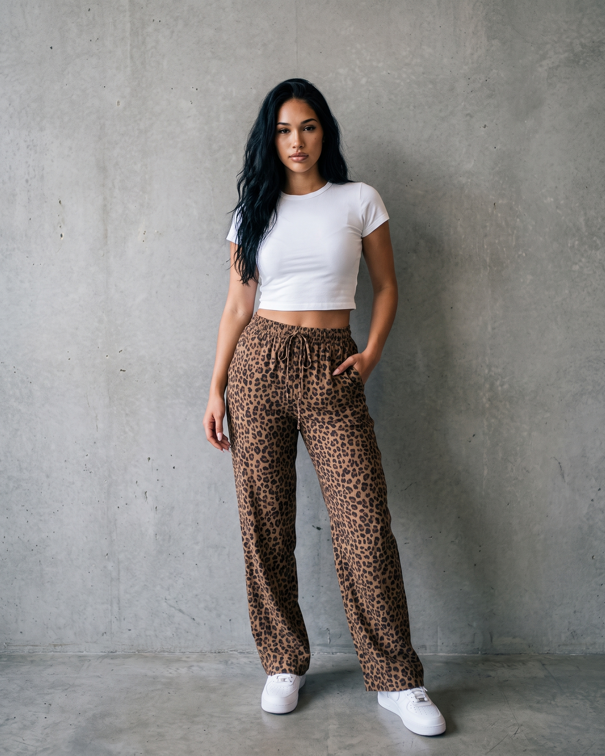 Women's High-Waisted Leopard-Print Wide-Leg Pants, Loose Fit