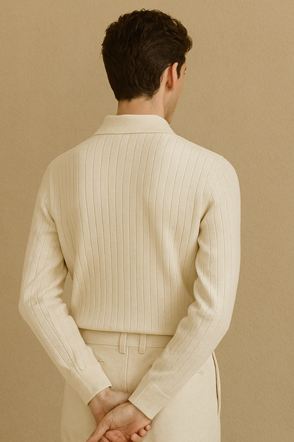 Men's Long Sleeve Polo with Open Collar and Cream Ribbed Texture