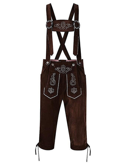 Pantaloni Lederhosen tradizionali bavaresi in pelle marrone con bretelle ricamate, dettagli decorativi bianchi, stile Oktoberfest.