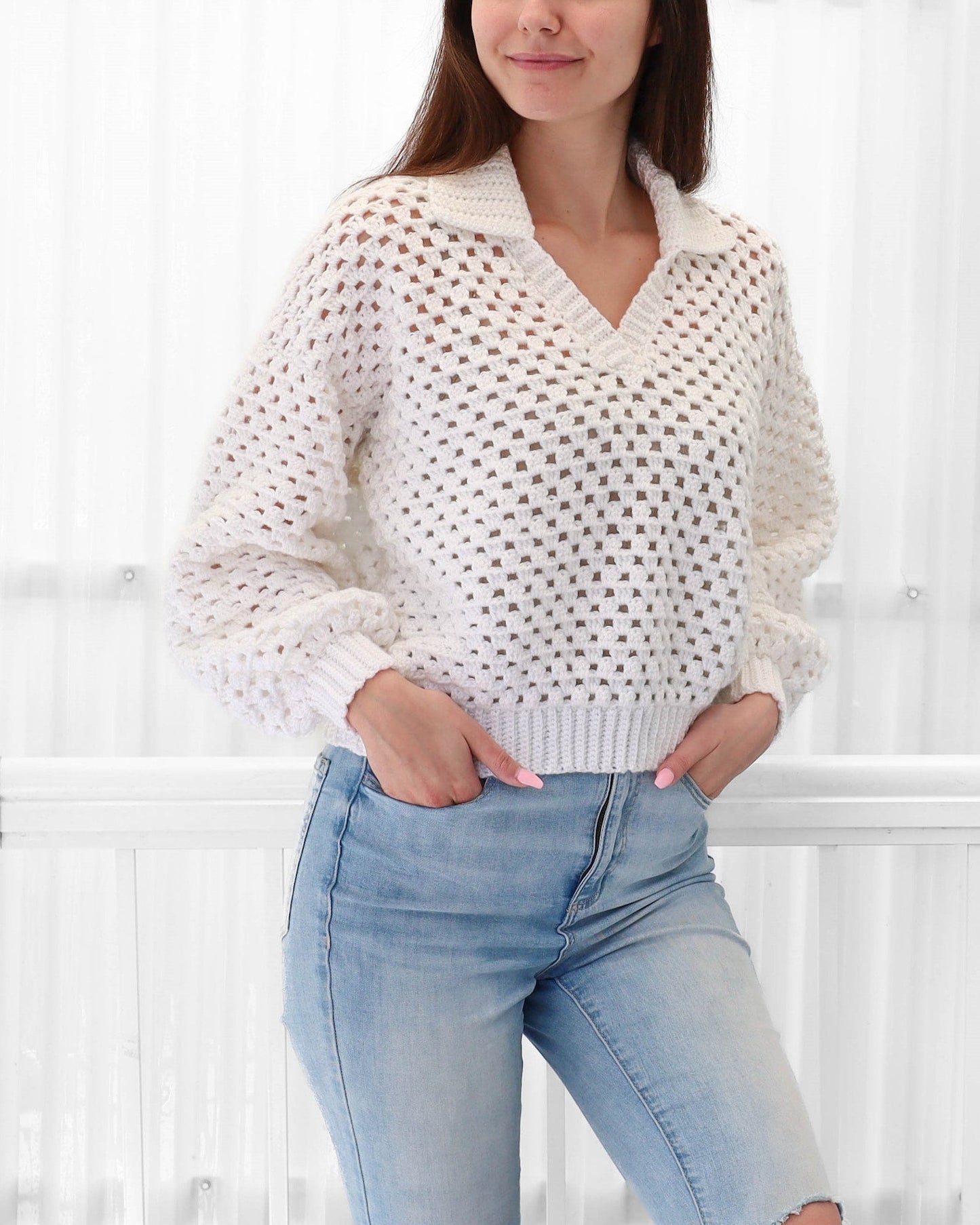 Maglione Polo Donna all’Uncinetto con Colletto e Maniche Lunghe – Stile Traspirante
