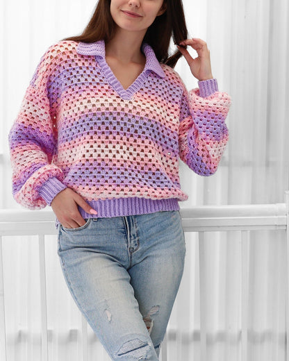 Maglione Polo Donna all’Uncinetto con Colletto e Maniche Lunghe – Stile Traspirante