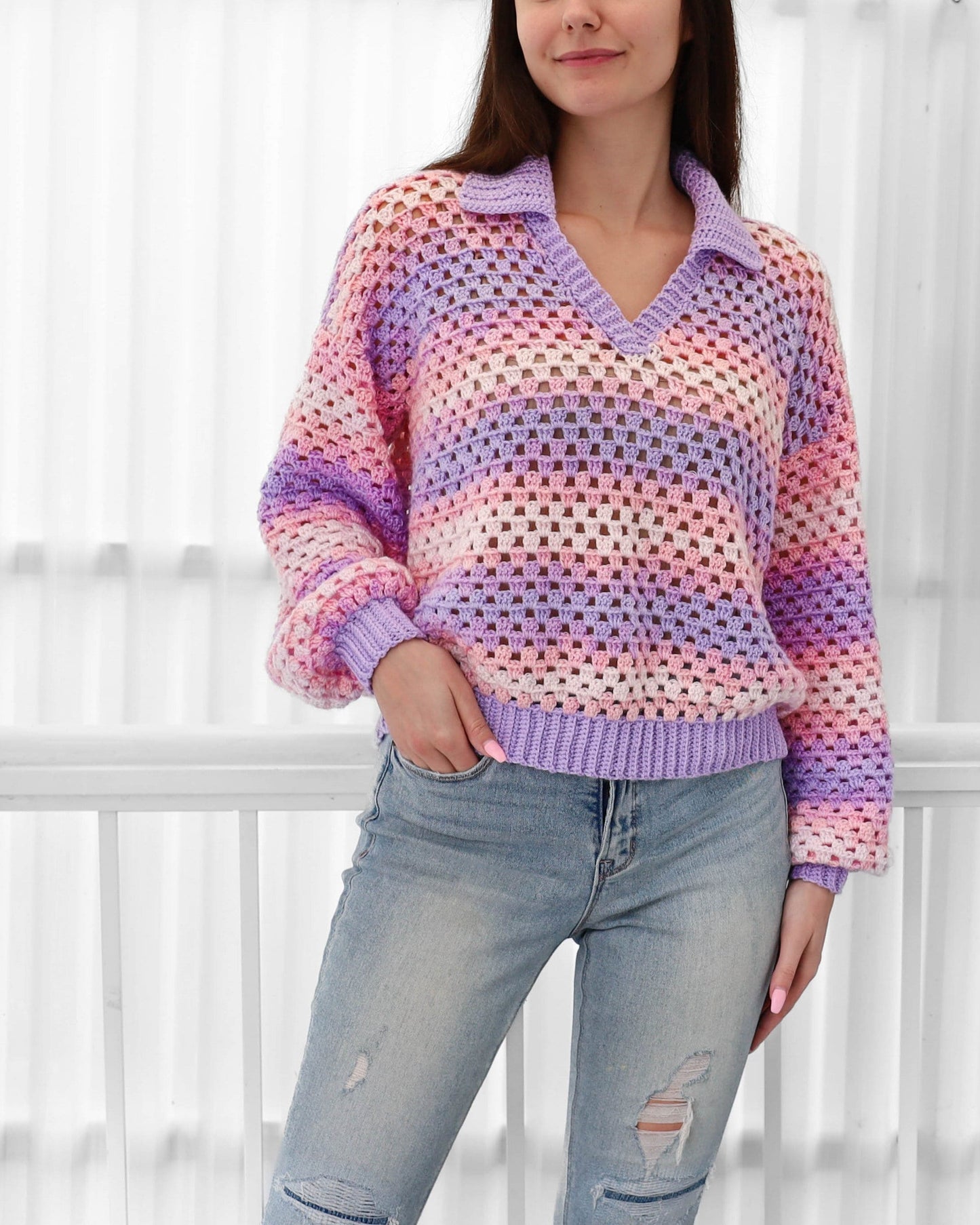 Maglione Polo Donna all’Uncinetto con Colletto e Maniche Lunghe – Stile Traspirante