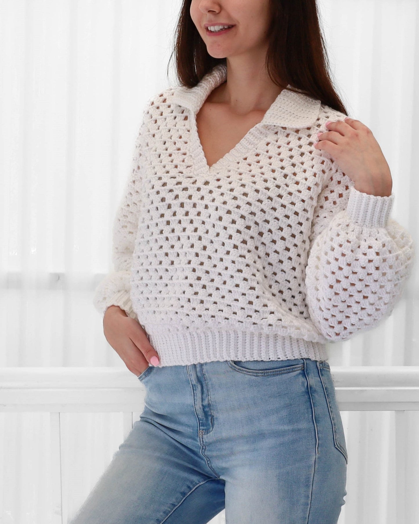 Maglione Polo Donna all’Uncinetto con Colletto e Maniche Lunghe – Stile Traspirante