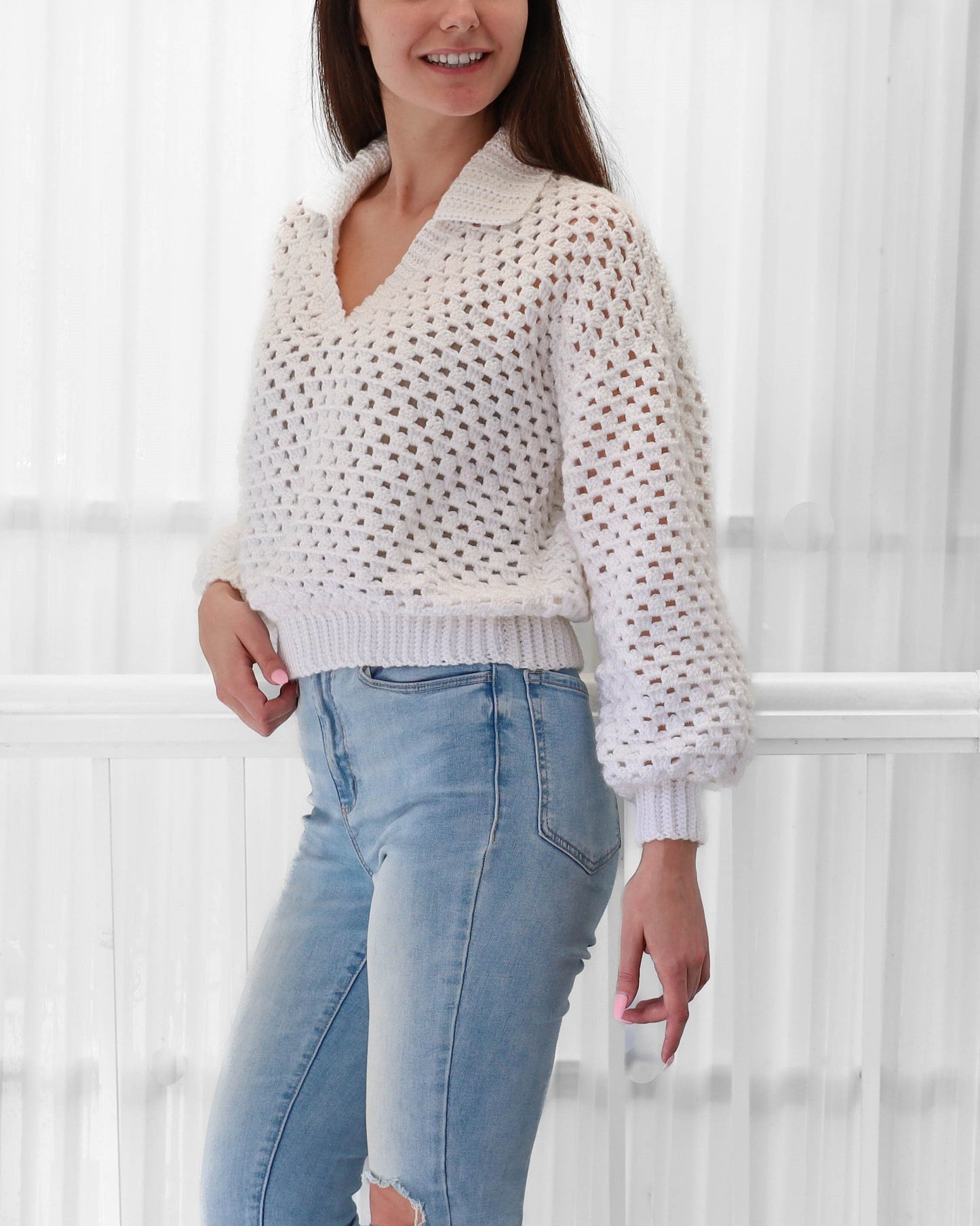 Maglione Polo Donna all’Uncinetto con Colletto e Maniche Lunghe – Stile Traspirante