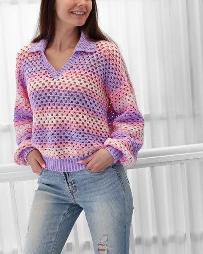Maglione Polo Donna all’Uncinetto con Colletto e Maniche Lunghe – Stile Traspirante