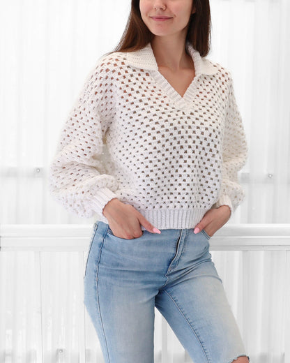 Maglione Polo Donna all’Uncinetto con Colletto e Maniche Lunghe – Stile Traspirante