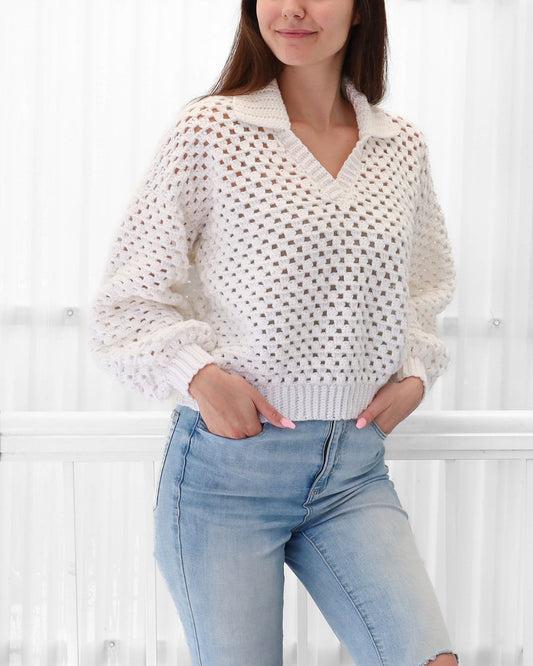 Maglione Polo Donna all’Uncinetto con Colletto e Maniche Lunghe – Stile Traspirante