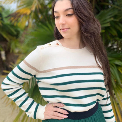 Women's striped knit sweater with a crew neck and shoulder buttons