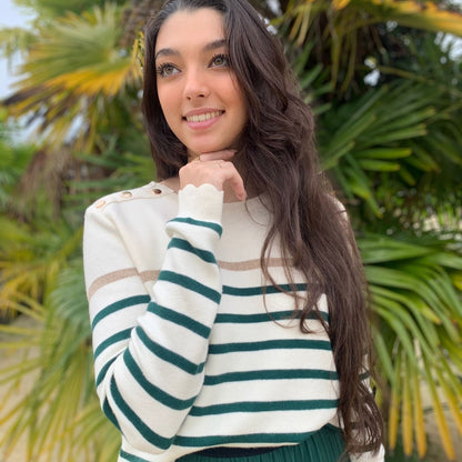 Women's striped knit sweater with a crew neck and shoulder buttons