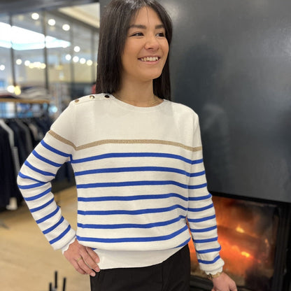 Women's striped knit sweater with a crew neck and shoulder buttons