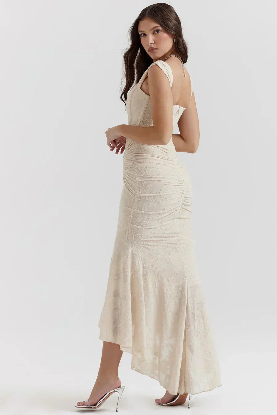 Women's Long Evening Dress with Corset Bodice and Off-Shoulder Design – Elegant Ceremony
