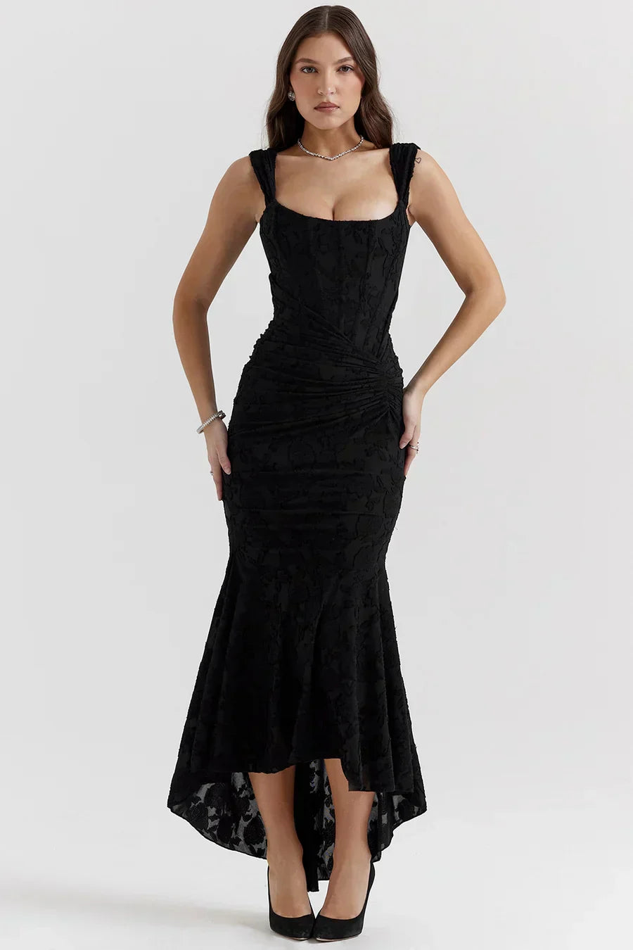 Women's Long Evening Dress with Corset Bodice and Off-Shoulder Design – Elegant Ceremony