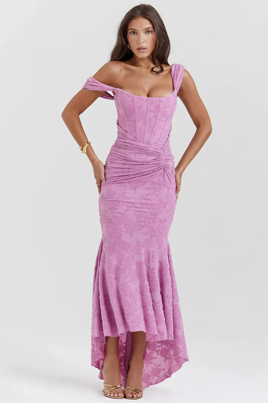 Women's Long Evening Dress with Corset Bodice and Off-Shoulder Design – Elegant Ceremony