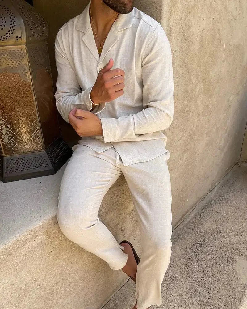 Conjunto de Hombre de Lino Primaveral Camisa y Pantalones Ligero y Transpirable