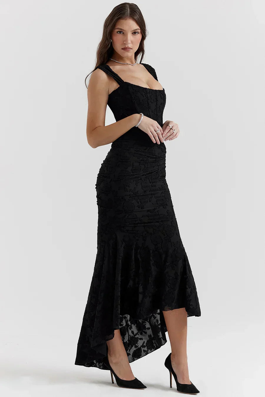 Women's Long Evening Dress with Corset Bodice and Off-Shoulder Design – Elegant Ceremony