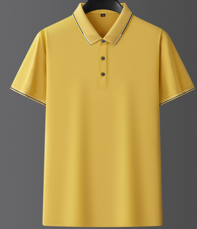 Polo gialla da uomo con colletto a contrasto e tre bottoni, maniche corte, stile casual elegante, perfetta per look estivi e primaverili.