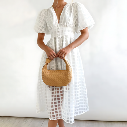 Women's Midi Dress with Puff Sleeves and Geometric Pattern – Elegant Everyday Wear