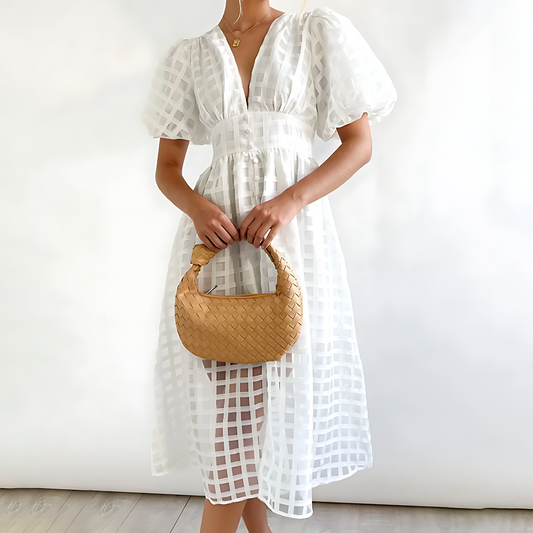 Women's Midi Dress with Puff Sleeves and Geometric Pattern – Elegant Everyday Wear