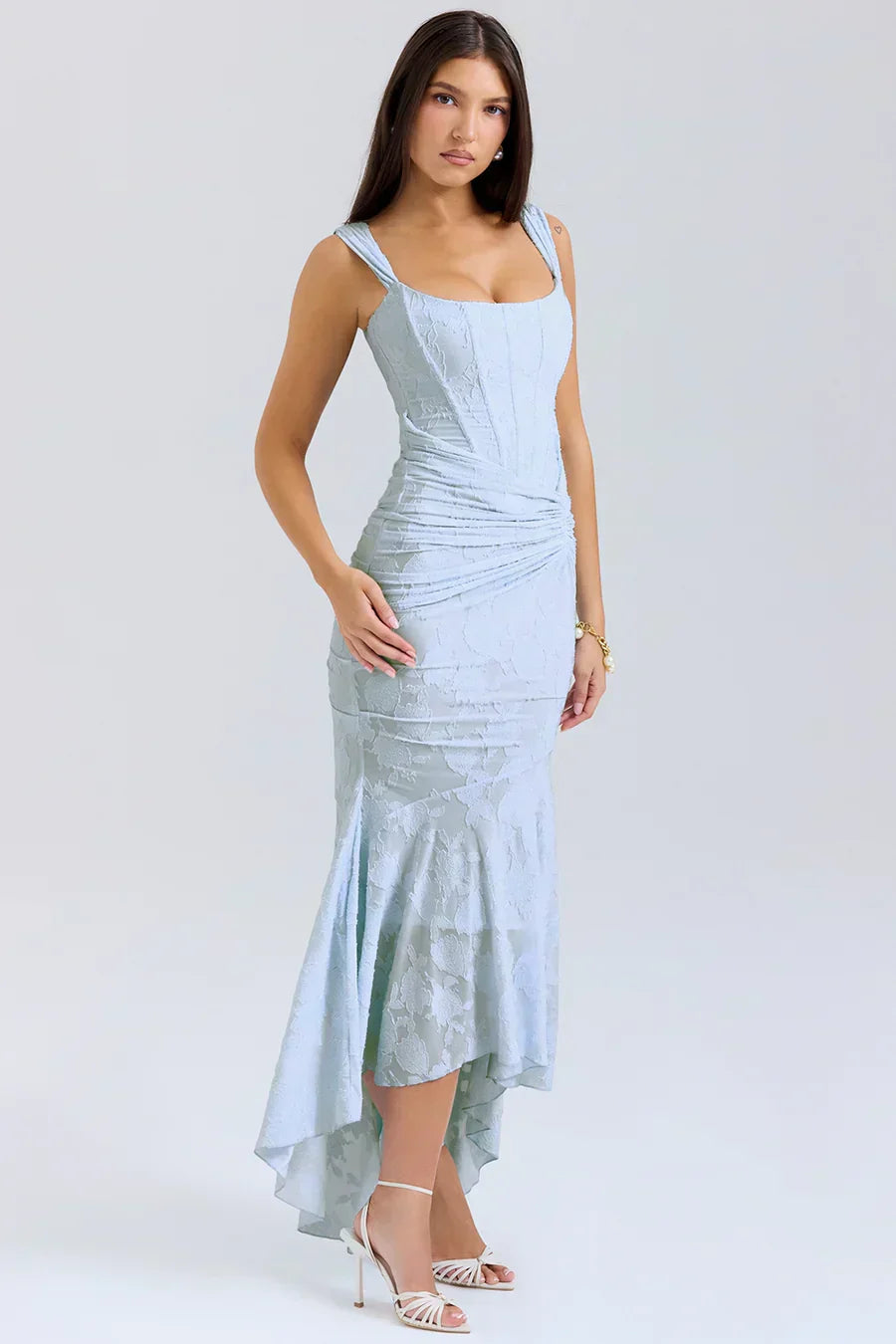 Women's Long Evening Dress with Corset Bodice and Off-Shoulder Design – Elegant Ceremony