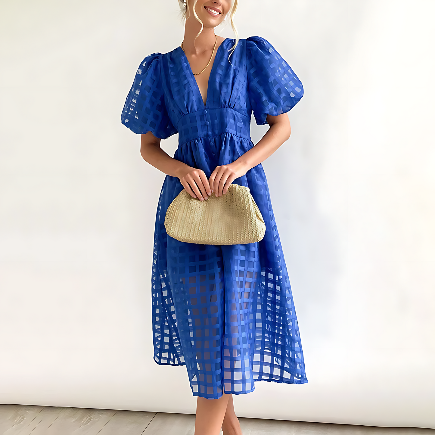 Women's Midi Dress with Puff Sleeves and Geometric Pattern – Elegant Everyday Wear