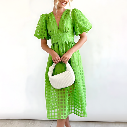 Women's Midi Dress with Puff Sleeves and Geometric Pattern – Elegant Everyday Wear