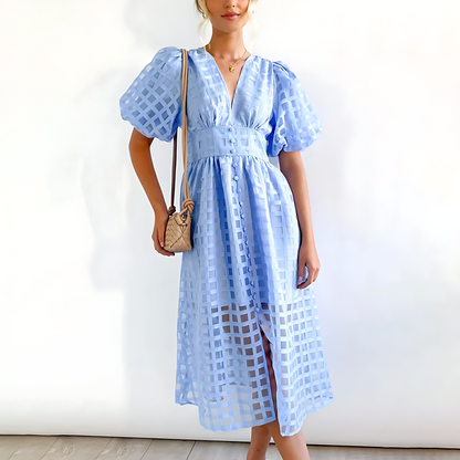 Women's Midi Dress with Puff Sleeves and Geometric Pattern – Elegant Everyday Wear