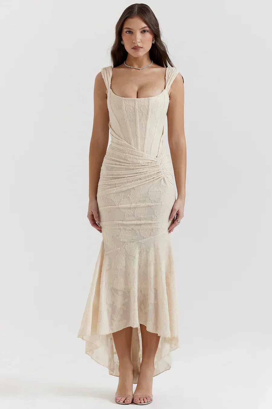 Women's Long Evening Dress with Corset Bodice and Off-Shoulder Design – Elegant Ceremony