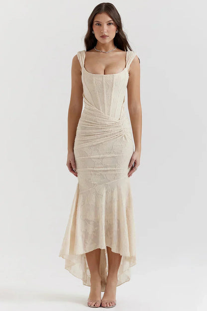 Women's Long Evening Dress with Corset Bodice and Off-Shoulder Design – Elegant Ceremony