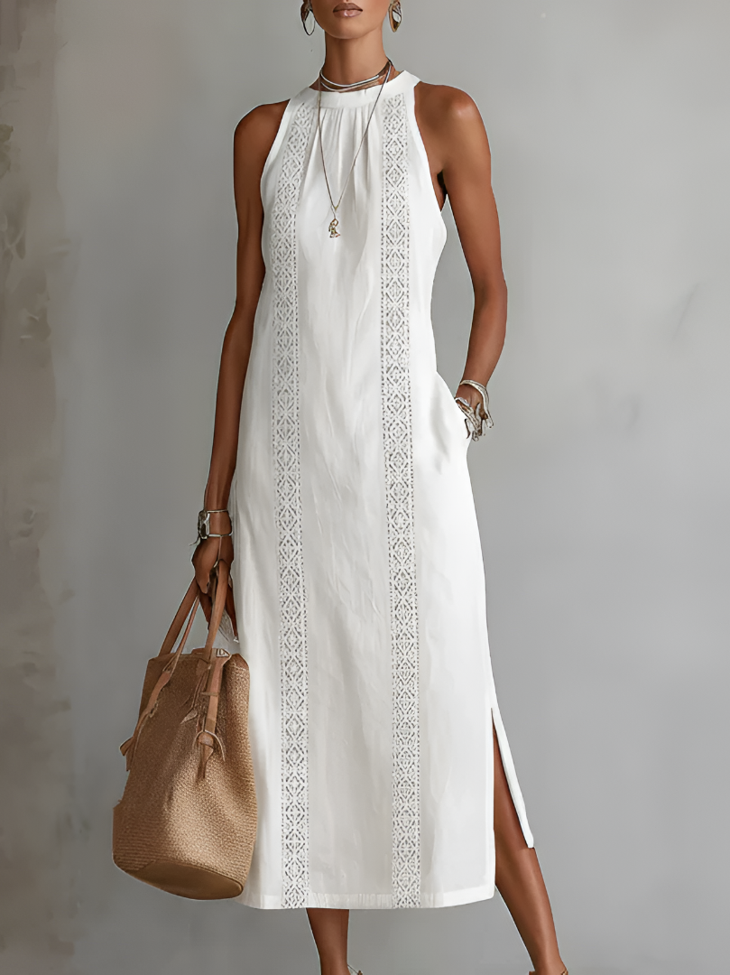 Women's Summer Midi Dress with Mandarin Collar, Sleeveless and Side Pockets – A-Line Cut