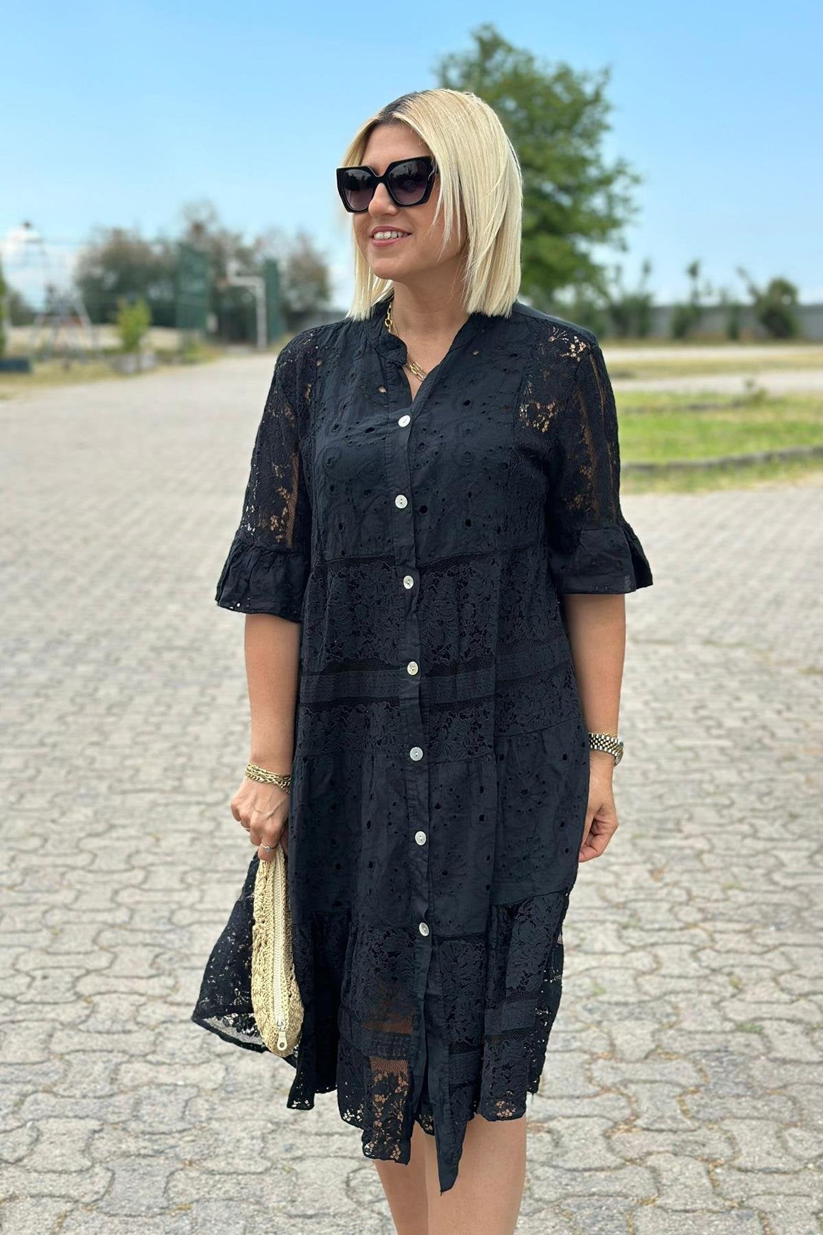 Women's Dress with Three-Quarter Sleeves, Front Buttons, A-Line