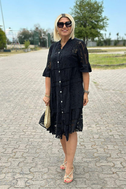 Women's Dress with Three-Quarter Sleeves, Front Buttons, A-Line