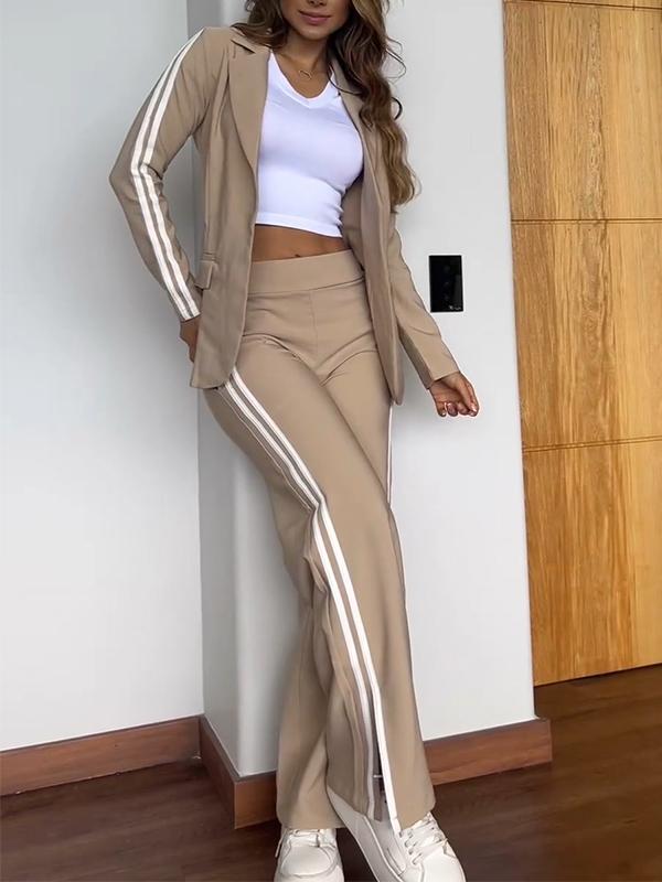 Women's Blazer and Pants Set with Vertical Stripes and Relaxed Fit
