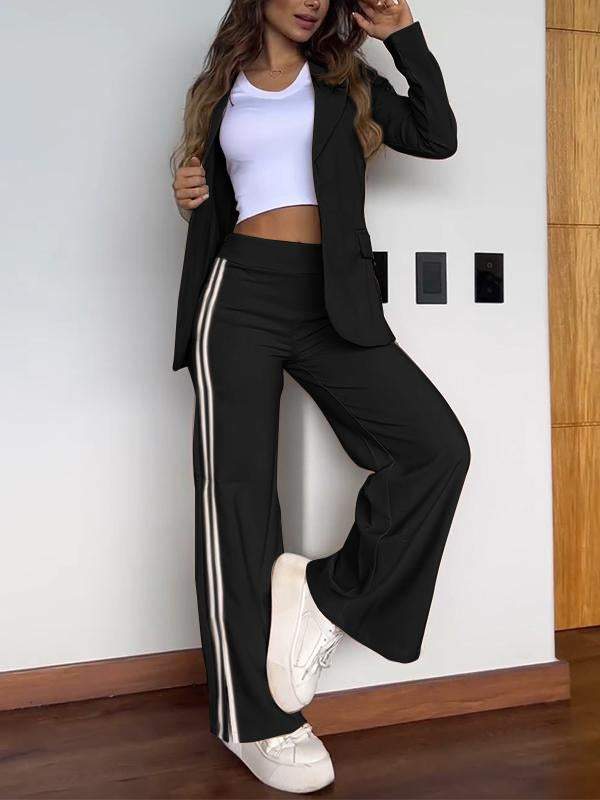 Women's Blazer and Pants Set with Vertical Stripes and Relaxed Fit