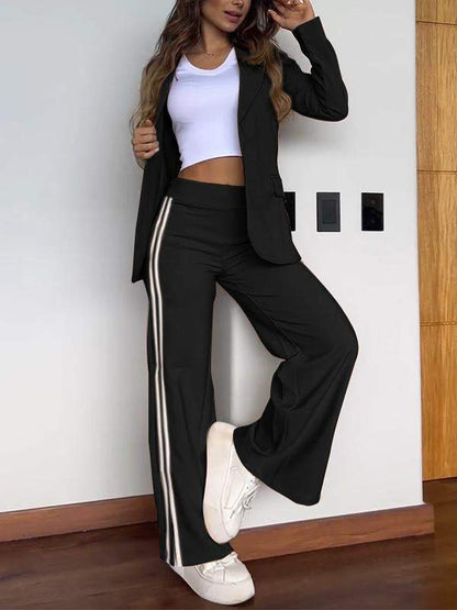 Women's Blazer and Pants Set with Vertical Stripes and Relaxed Fit