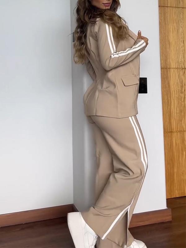 Women's Blazer and Pants Set with Vertical Stripes and Relaxed Fit