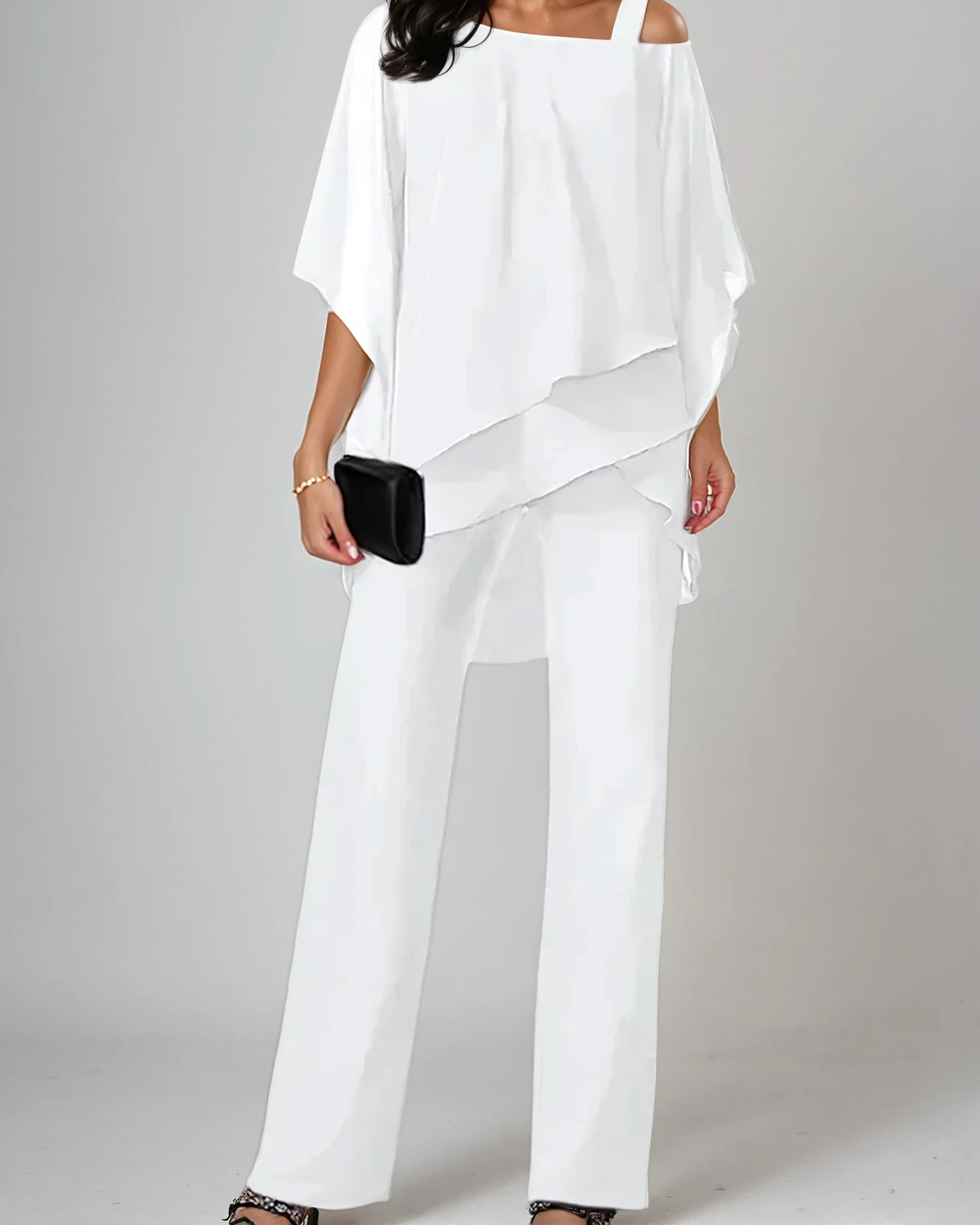 Women's Two-Piece Set with Asymmetric Top and Wide-Leg Pants – High Waist