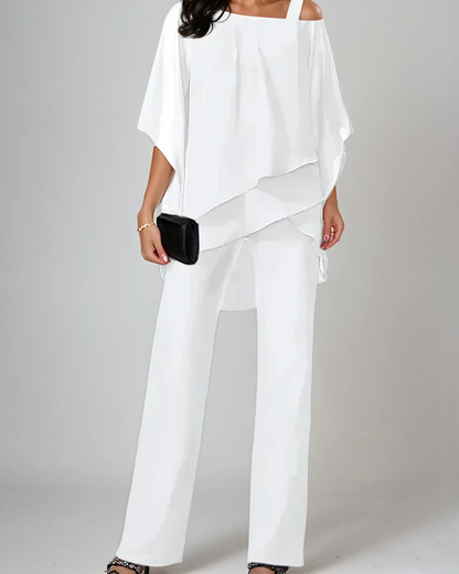 Women's Two-Piece Set with Asymmetric Top and Wide-Leg Pants – High Waist