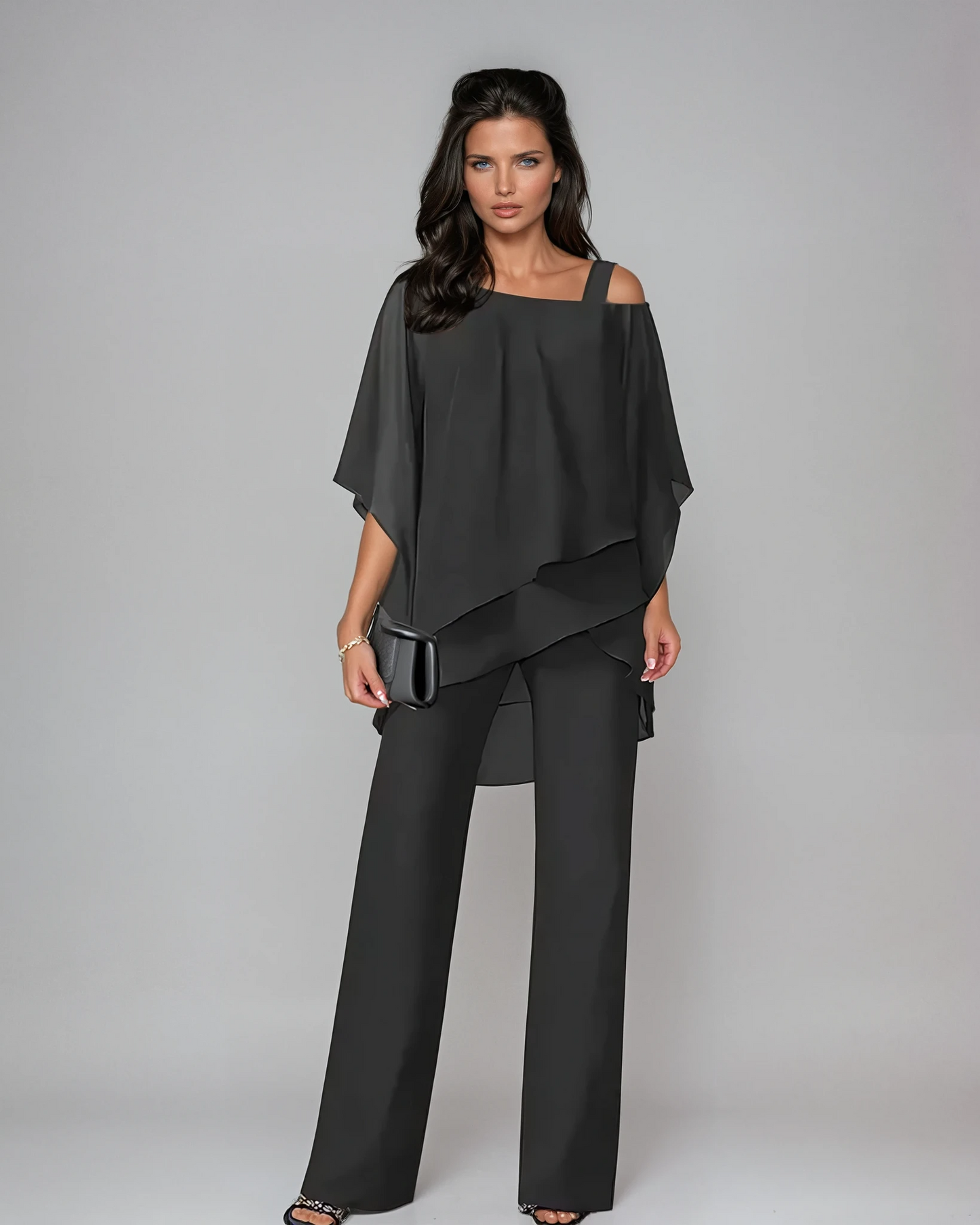 Women's Two-Piece Set with Asymmetric Top and Wide-Leg Pants – High Waist