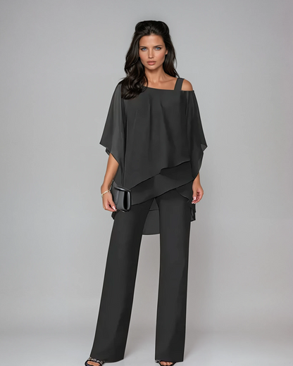 Women's Two-Piece Set with Asymmetric Top and Wide-Leg Pants – High Waist