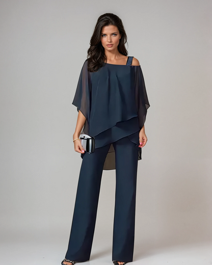 Women's Two-Piece Set with Asymmetric Top and Wide-Leg Pants – High Waist