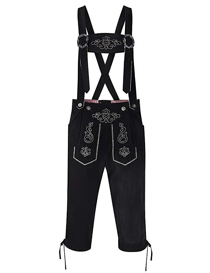 Pantaloni Lederhosen neri con bretelle, ricami tradizionali bianchi, tasche frontali, stile bavarese, abbigliamento Oktoberfest, costume tradizionale.
