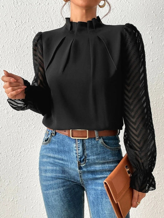 Women's Spring Blouse with Pleated Sleeves and Flared Cut