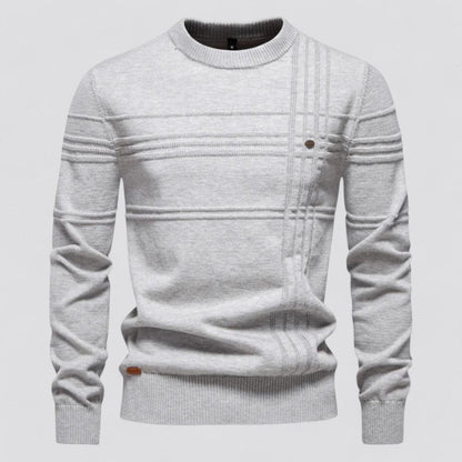 Maglione grigio chiaro da uomo, design a righe, girocollo, maniche lunghe, stile casual elegante, ideale per autunno e inverno.