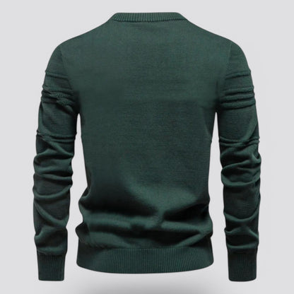 Maglione verde scuro da uomo, maniche lunghe, design elegante, tessuto morbido, ideale per moda autunnale e invernale.