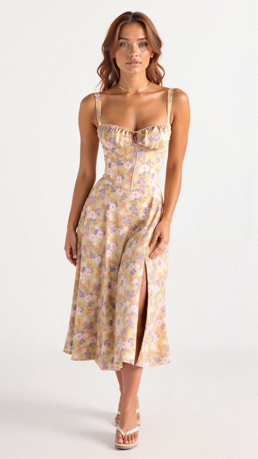Donna in abito floreale estivo, lungo con spacco, colori pastello, posa elegante. Moda femminile, abbigliamento estivo, tendenze 2023.