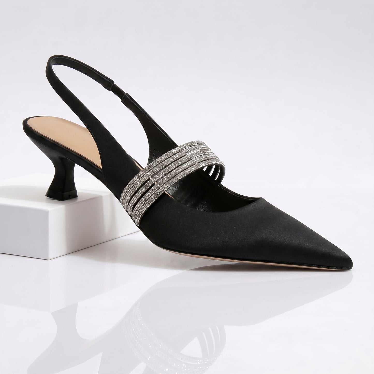 Décolleté Slingback Donna con Punta Affusolata, Tacco Basso e Cinturino con Strass – Décolleté Eleganti