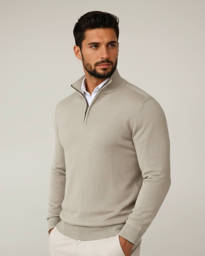 Maglione Uomo con Zip a Un Quarto, Colletto Strutturato e Bordi a Coste – Maglia Style