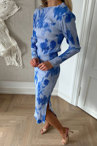 Women's Midi Dress with Blue Abstract Floral Print – Ruffled Sleeves and Side Slit