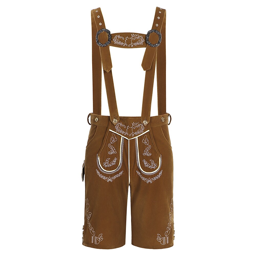 Pantaloni corti Lederhosen tradizionali bavaresi in pelle marrone con bretelle, ricami bianchi decorativi, abbigliamento tipico Oktoberfest.